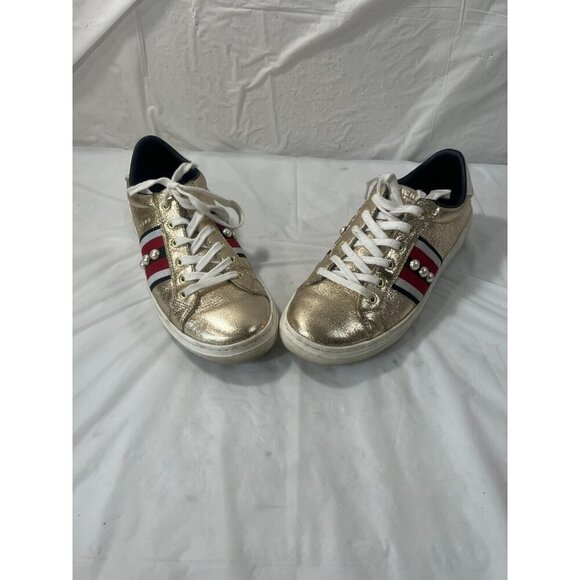 Sketchers Memory Foam Gold with Blk/Wht/Red Stripes with White Gems size 8 - Picture 7 of 12